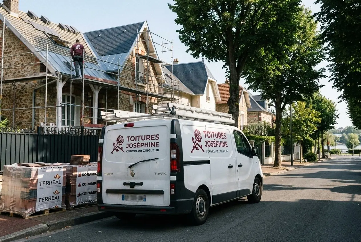 Camionnette Toitures Joséphine devant une villa en meulière en chantier à Rueil-Malmaison