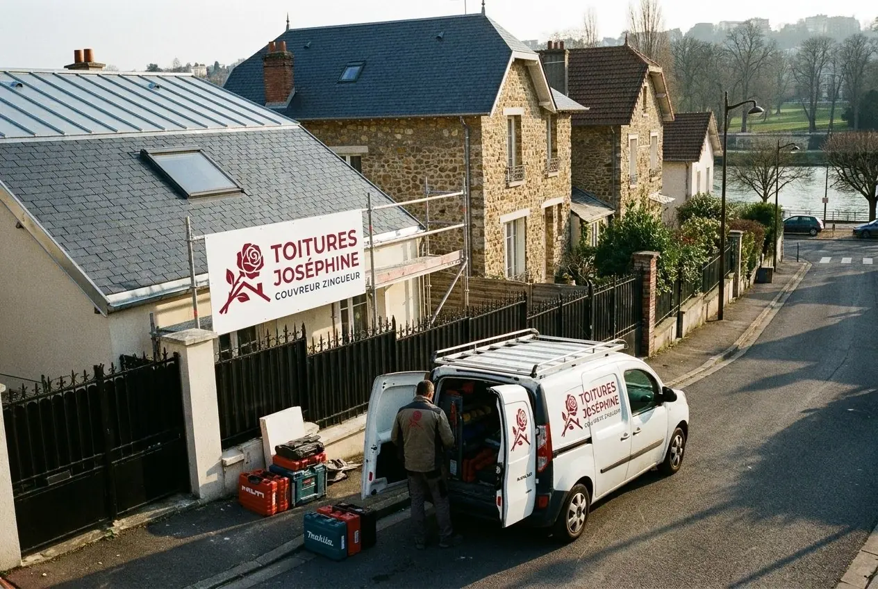Panneau de chantier Toitures Joséphine et camionnette devant une maison à toit d'ardoise à Rueil-Malmaison