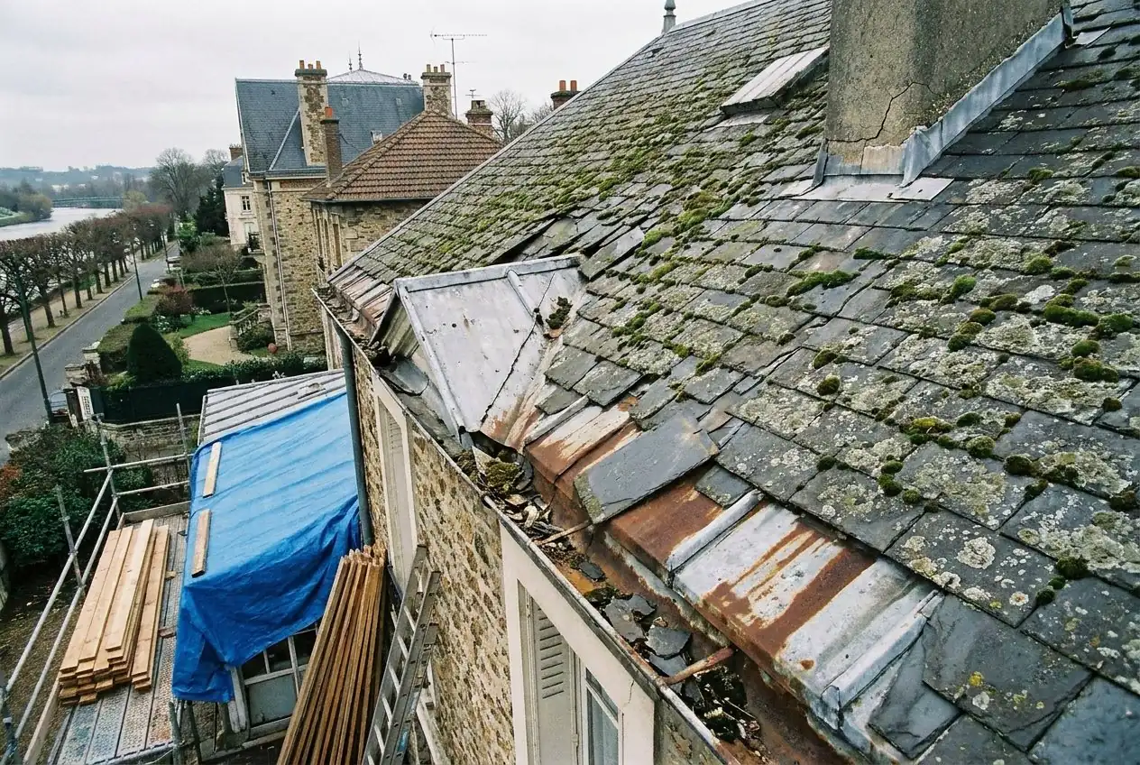 Avant rénovation : toit d'ardoise moussu et zinc rouillé sur une maison en pierre à Rueil-Malmaison
