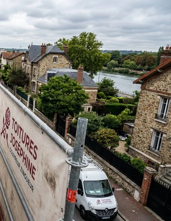 Échafaudage avec bâche Toitures Joséphine au-dessus d'une rue de villas à Rueil-Malmaison, la Seine en arrière-plan